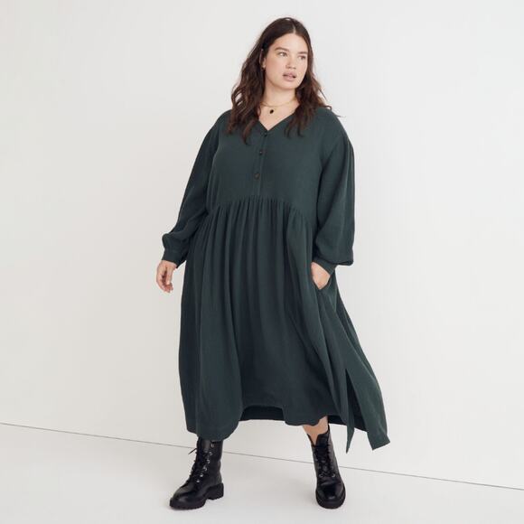 Madewell Plus Lightspun Button-Front Midi Dress Dark Palm Size 16W NEW - Picture 1 of 7